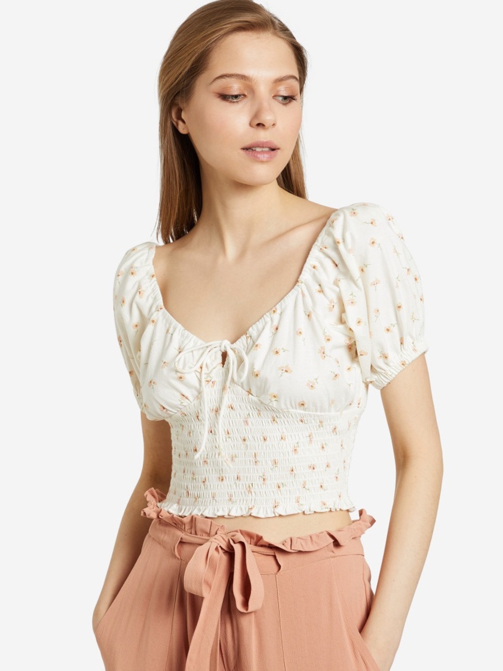Billabong White Crop Top with Peach Floral Accents